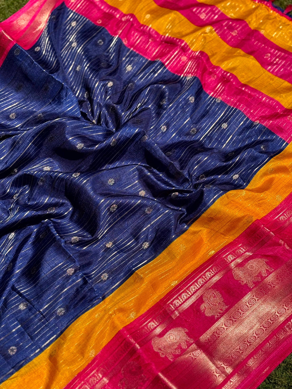 Royal Blue Soft Dola Silk Striped Print Saree