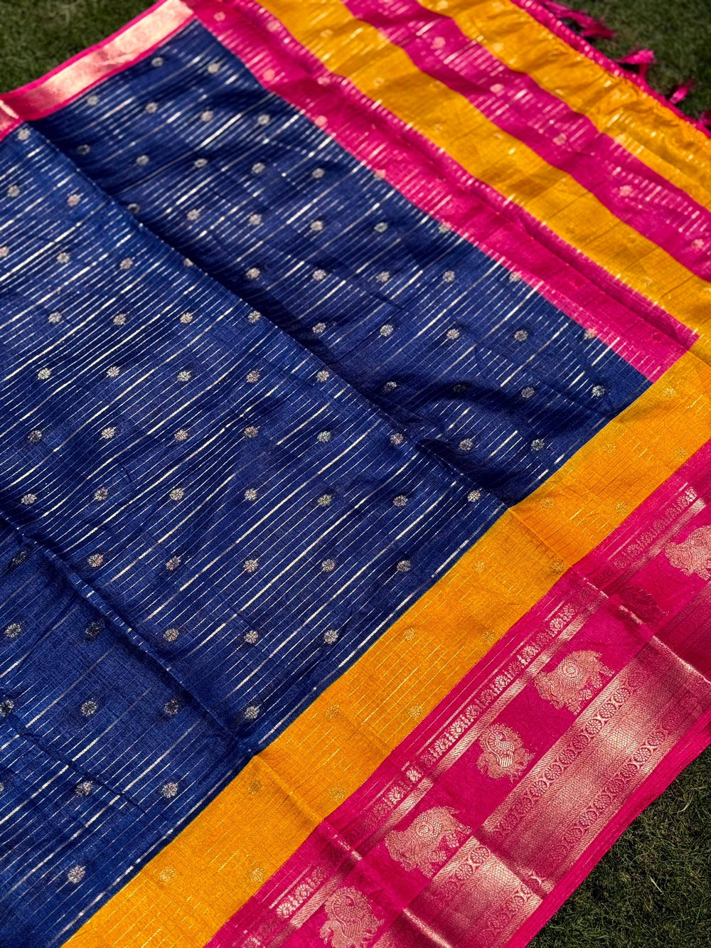 Royal Blue Soft Dola Silk Striped Print Saree