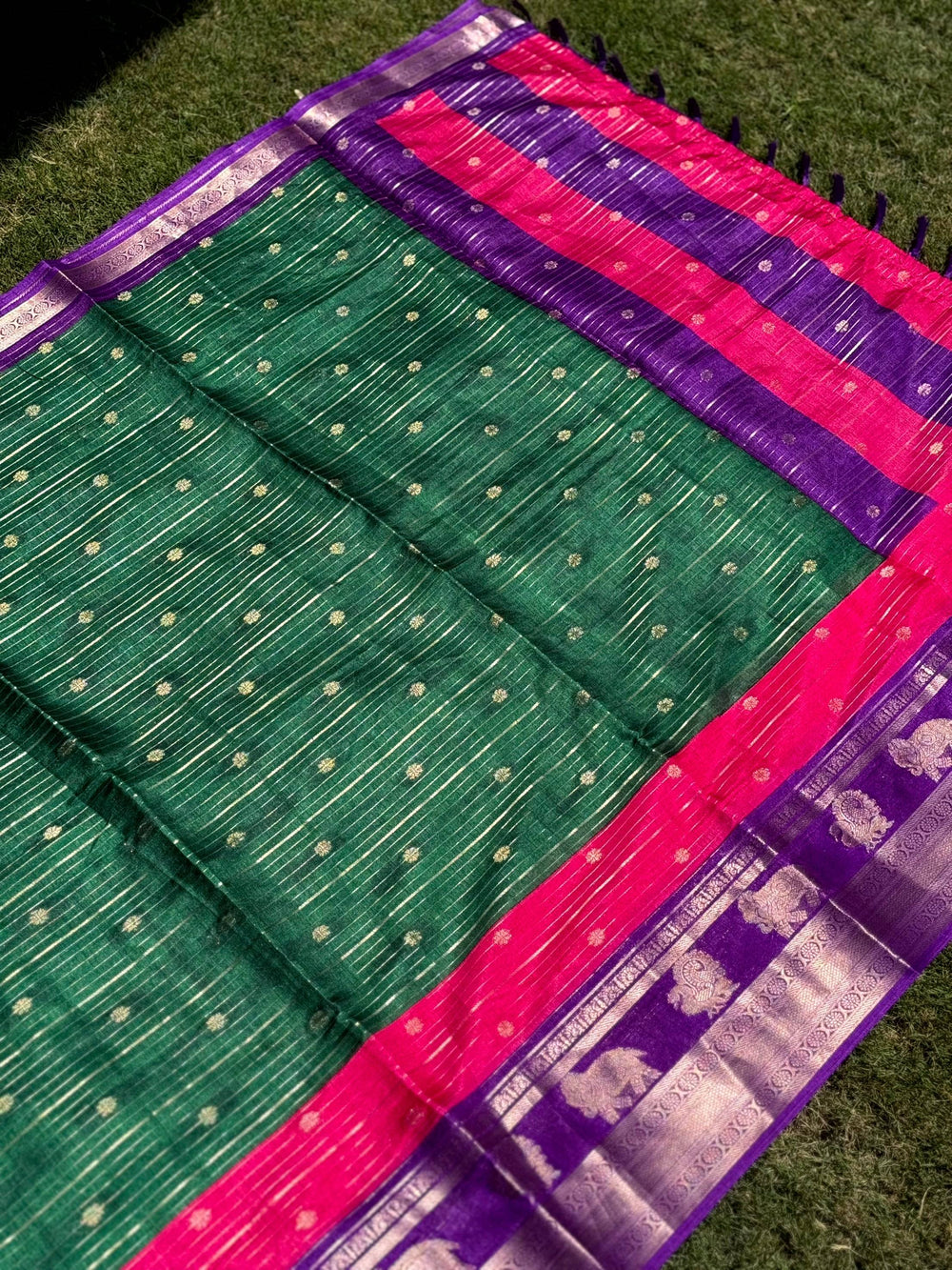 Green Soft Dola Silk Striped Print Saree