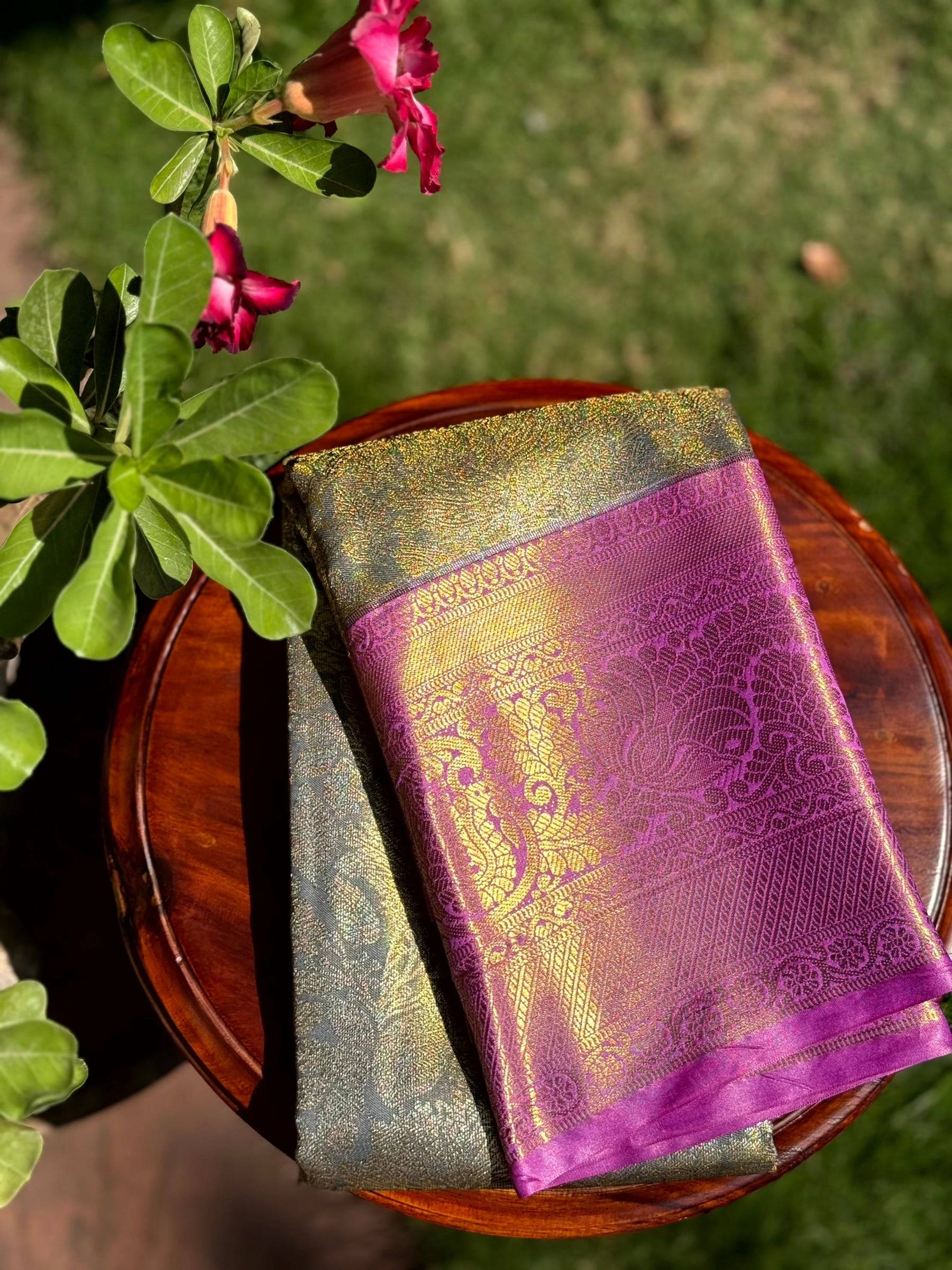 Grey Golden Threadwork Dharmavaram Saree