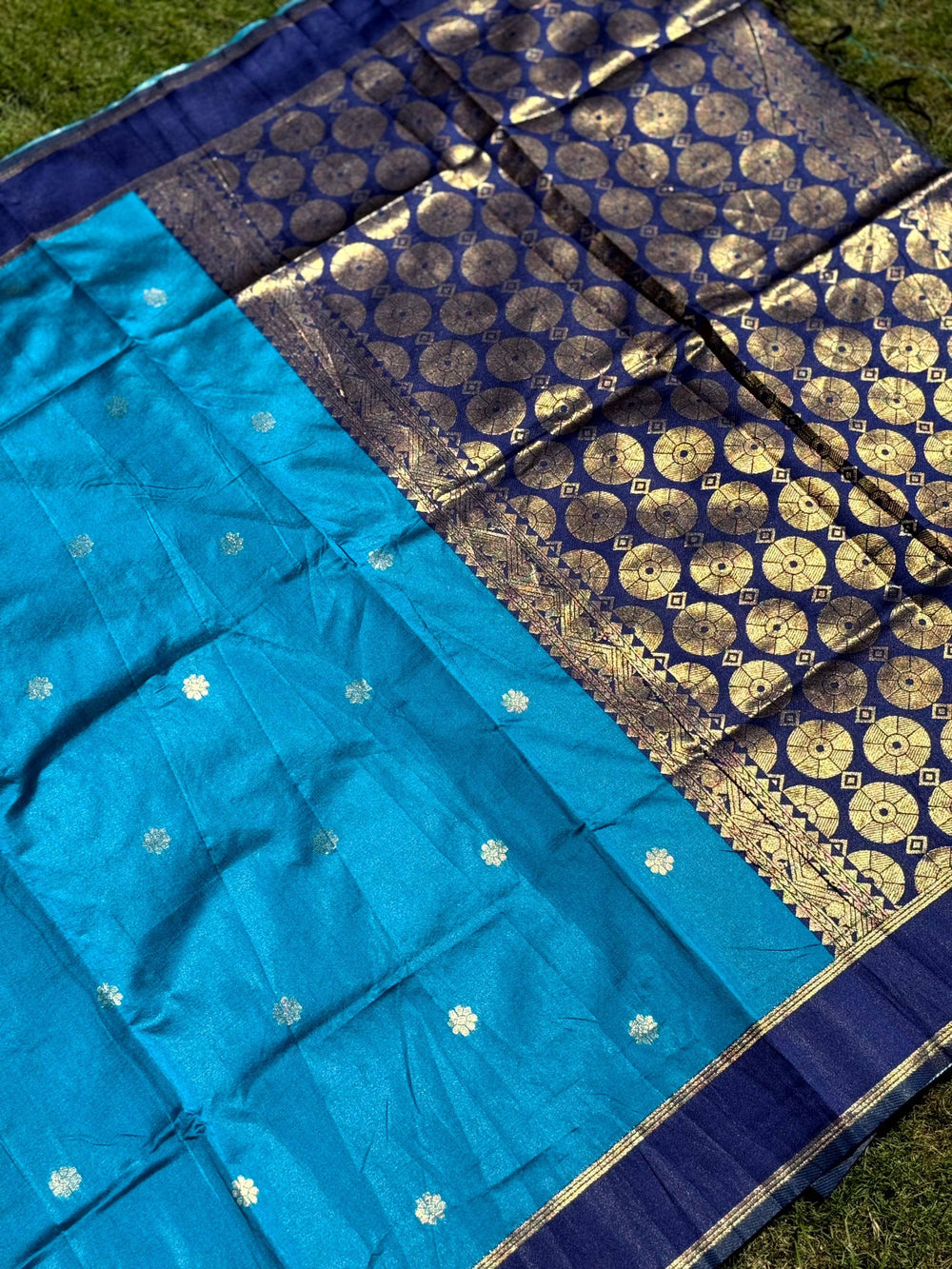 Teal Blue Silk Blend Floral Saree