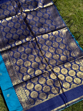 Teal Blue Silk Blend Floral Saree