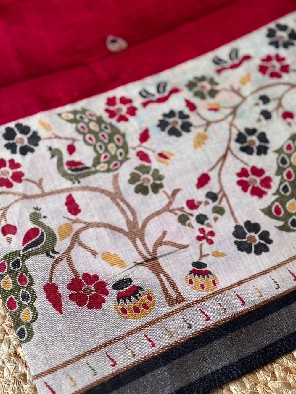 Red Pure Cotton Viscose Kalamkari Print Saree