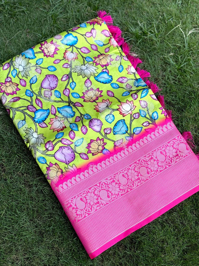 Parrot Green Soft Silk Floral Print Saree