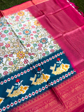 Cream Soft Silk Floral Patola Border Saree