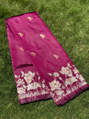 Dark Purple Silk Saree with Floral Embroidery