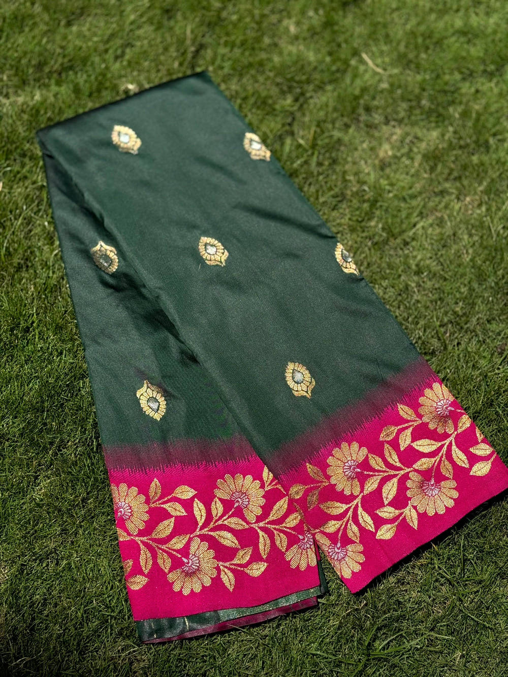 Deep Green Silk Saree with Gold Embroidery