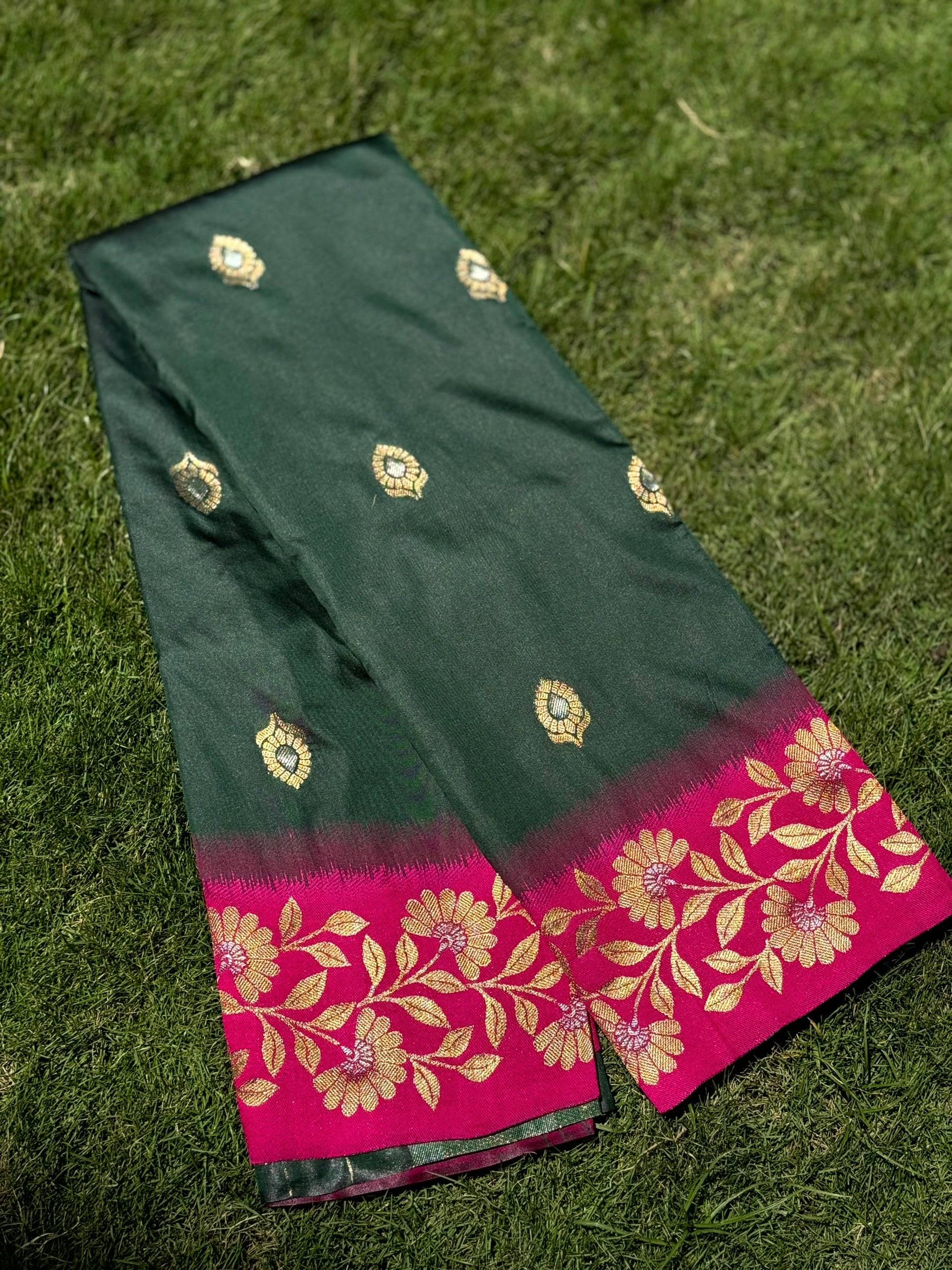 Deep Green Silk Saree with Gold Embroidery