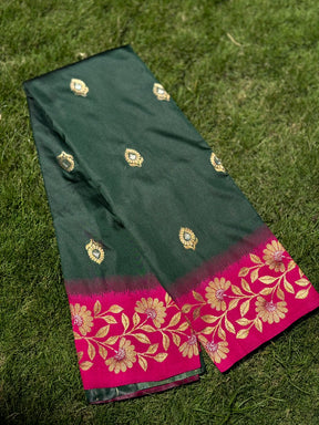 Deep Green Silk Saree with Gold Embroidery