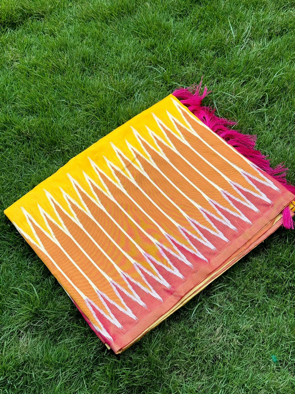 Yellow Soft Silk Ikkat Zari Weaving Saree