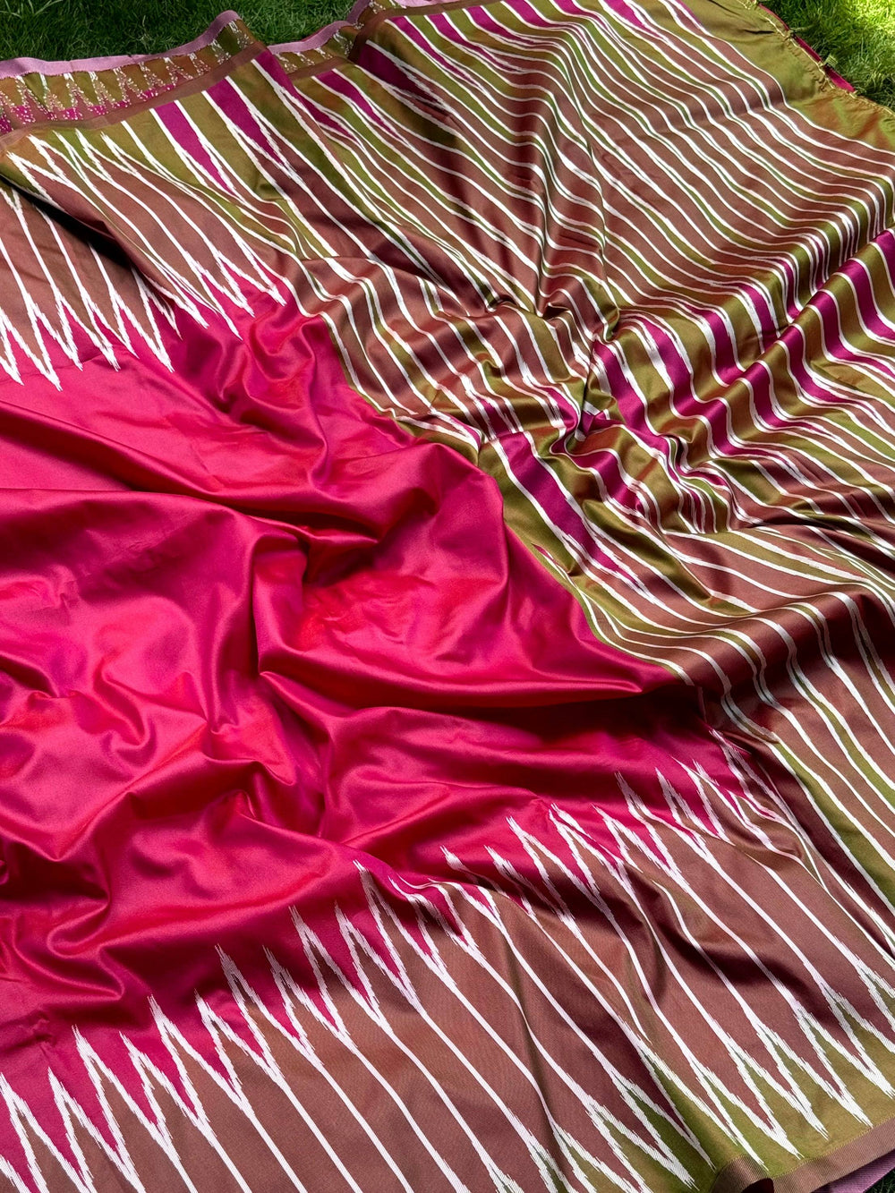 Peach Soft Silk Ikkat Zari Weaving Saree