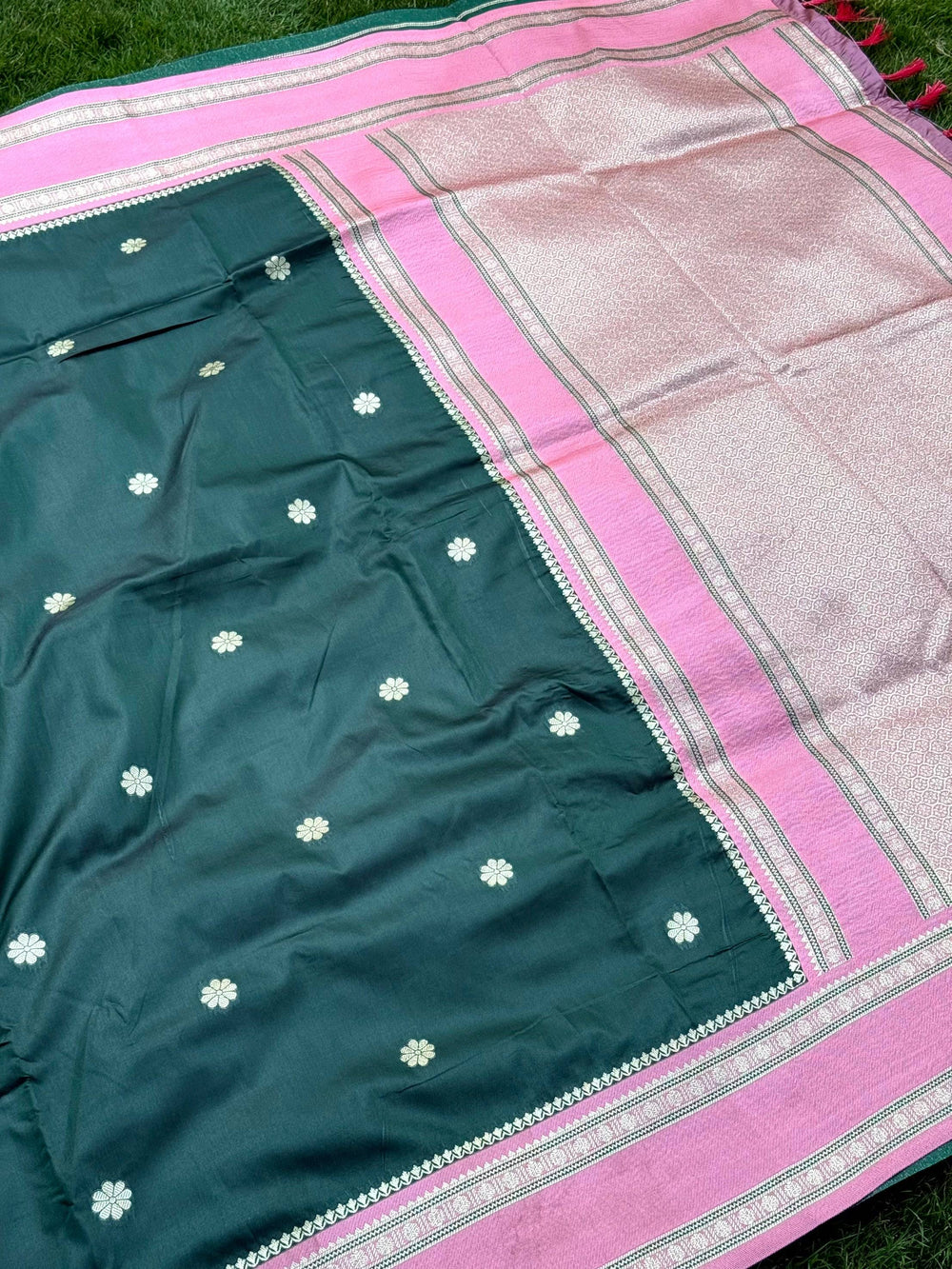 Bottle Green Soft Silk Floral Butta Saree