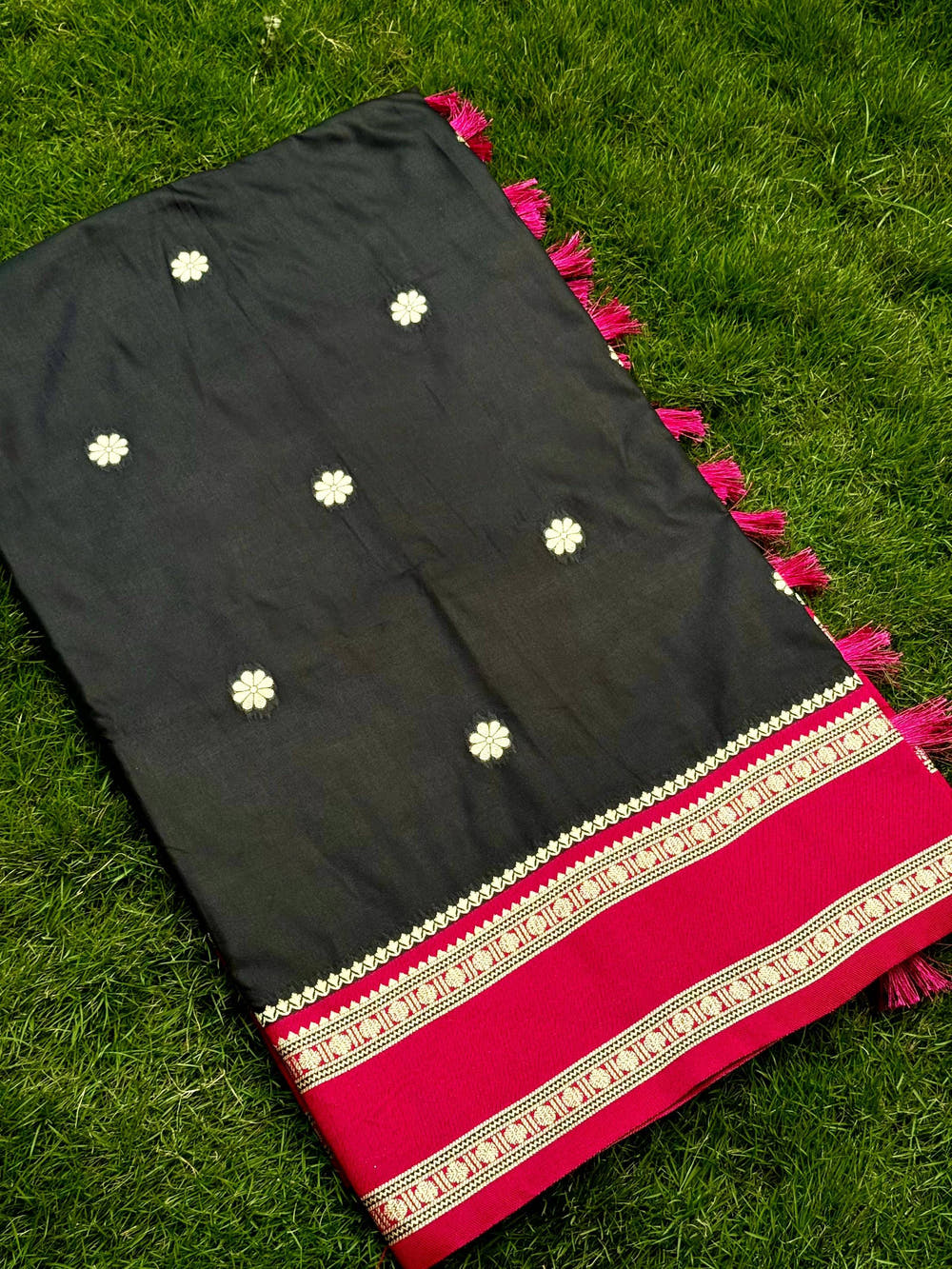 Raven Black Soft Silk Floral Butta Saree