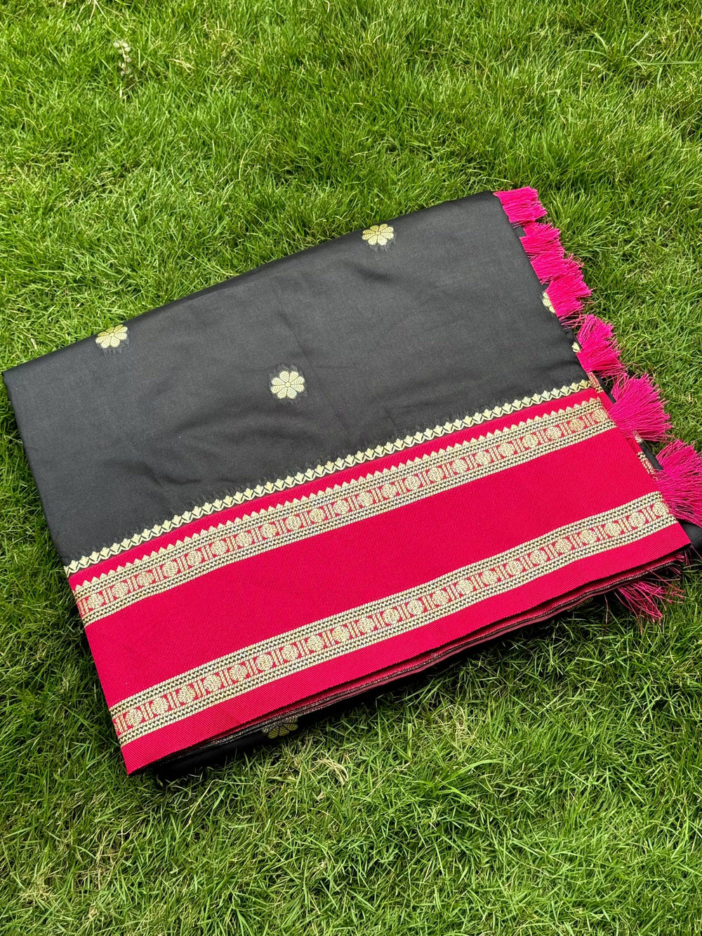 Raven Black Soft Silk Floral Butta Saree