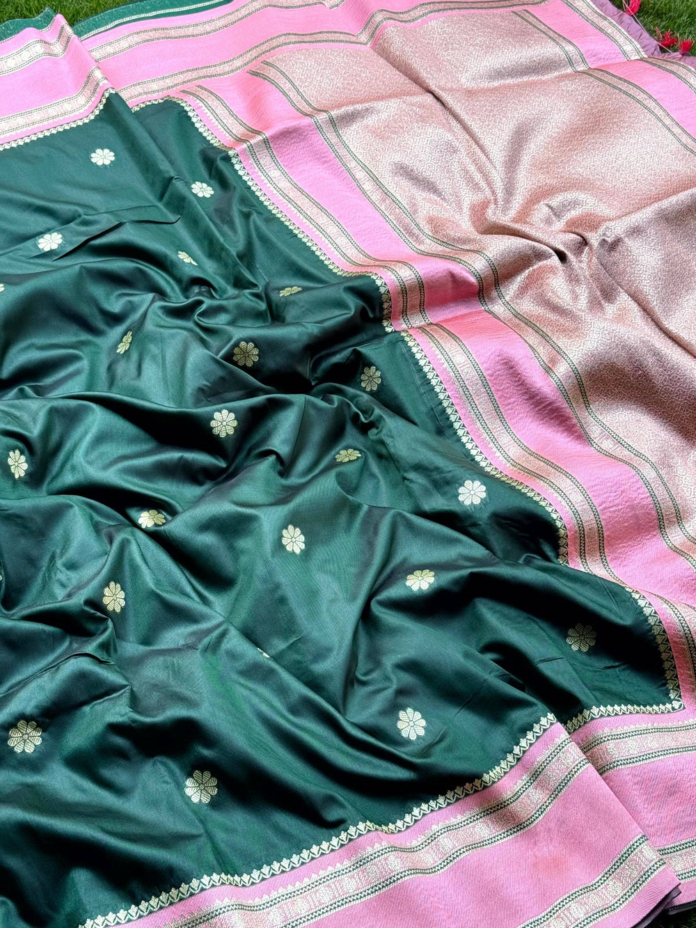 Bottle Green Soft Silk Floral Butta Saree