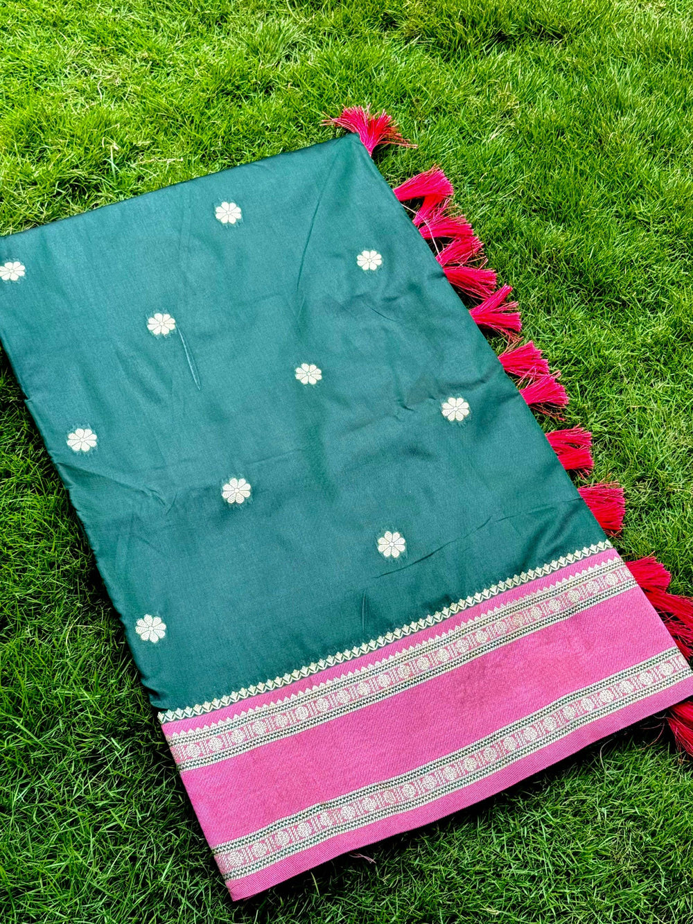 Bottle Green Soft Silk Floral Butta Saree
