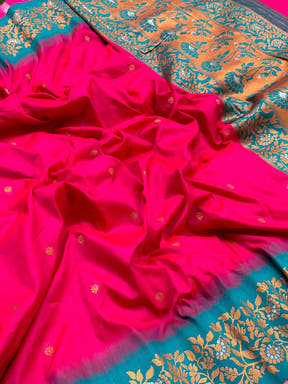 Close-up of Pink Silk Saree with Gold Floral Border