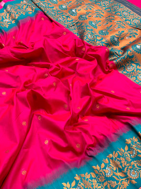 Close-up of Pink Silk Saree with Gold Floral Border