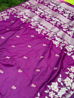 Purple Floral Pattern Silk Saree with Zari Border