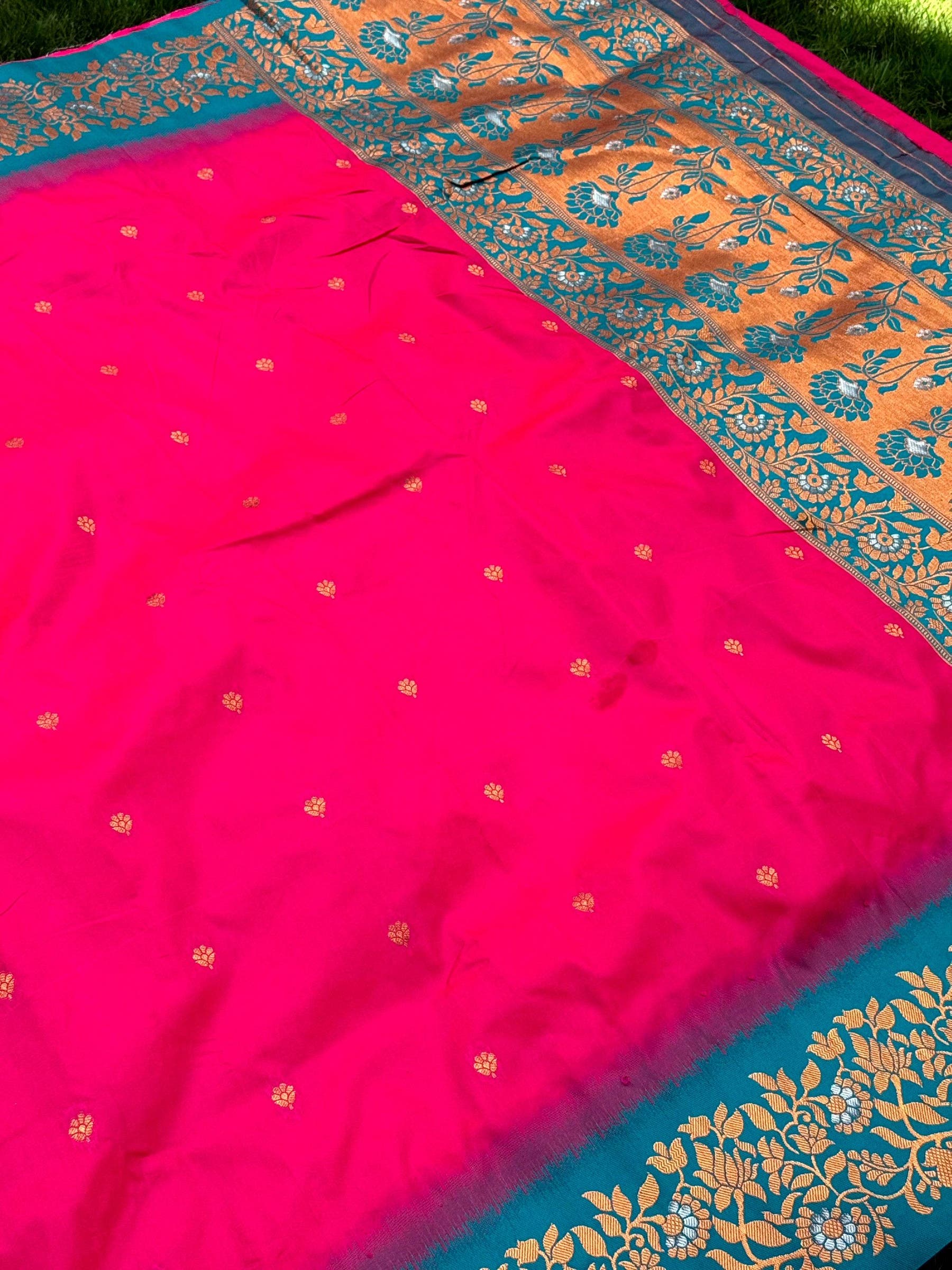 Pink Silk Saree with Blue and Gold Floral Border