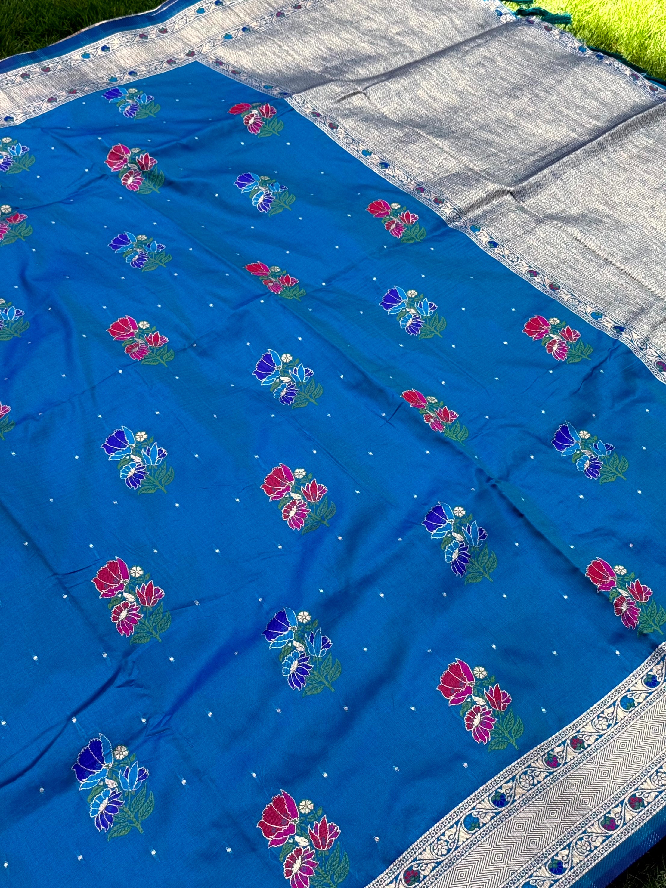 Sky Soft Silk Flowerport Minakari Saree