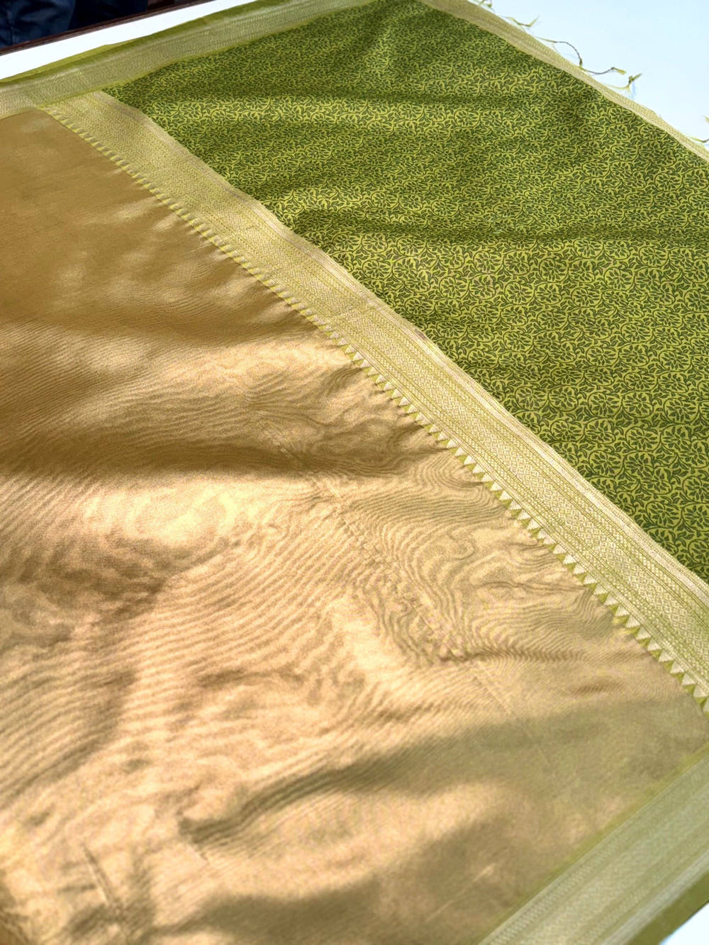 Radiant Green Gold Zari Tissue Saree

