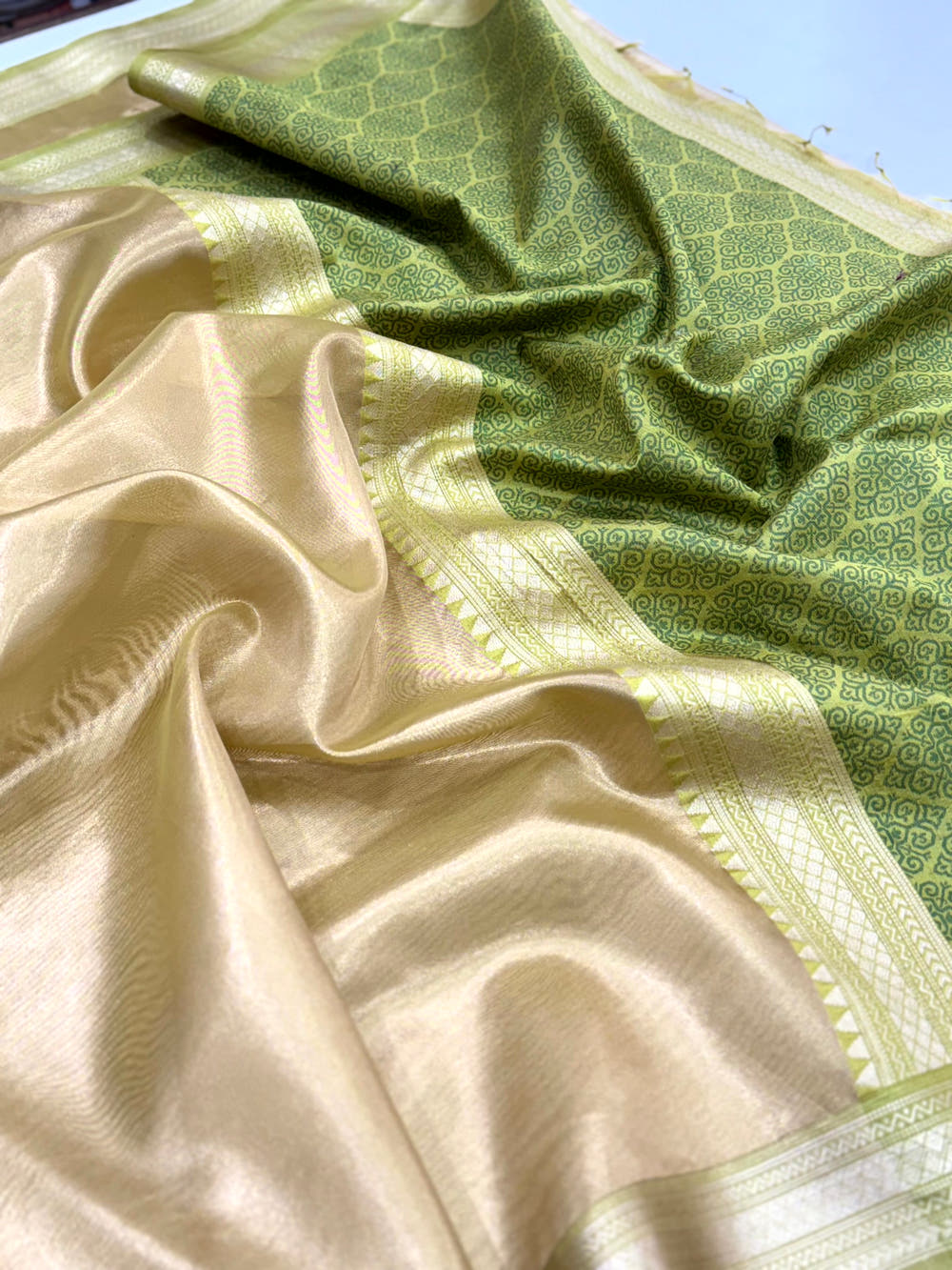 Elegant Green Gold Zari Tissue Saree

