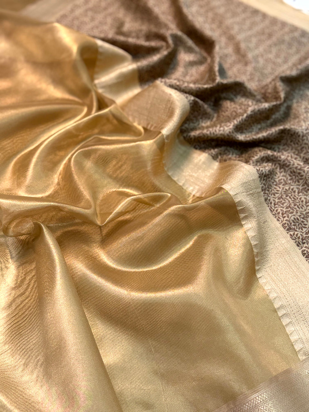Radiant Brown Gold Zari Tissue Saree