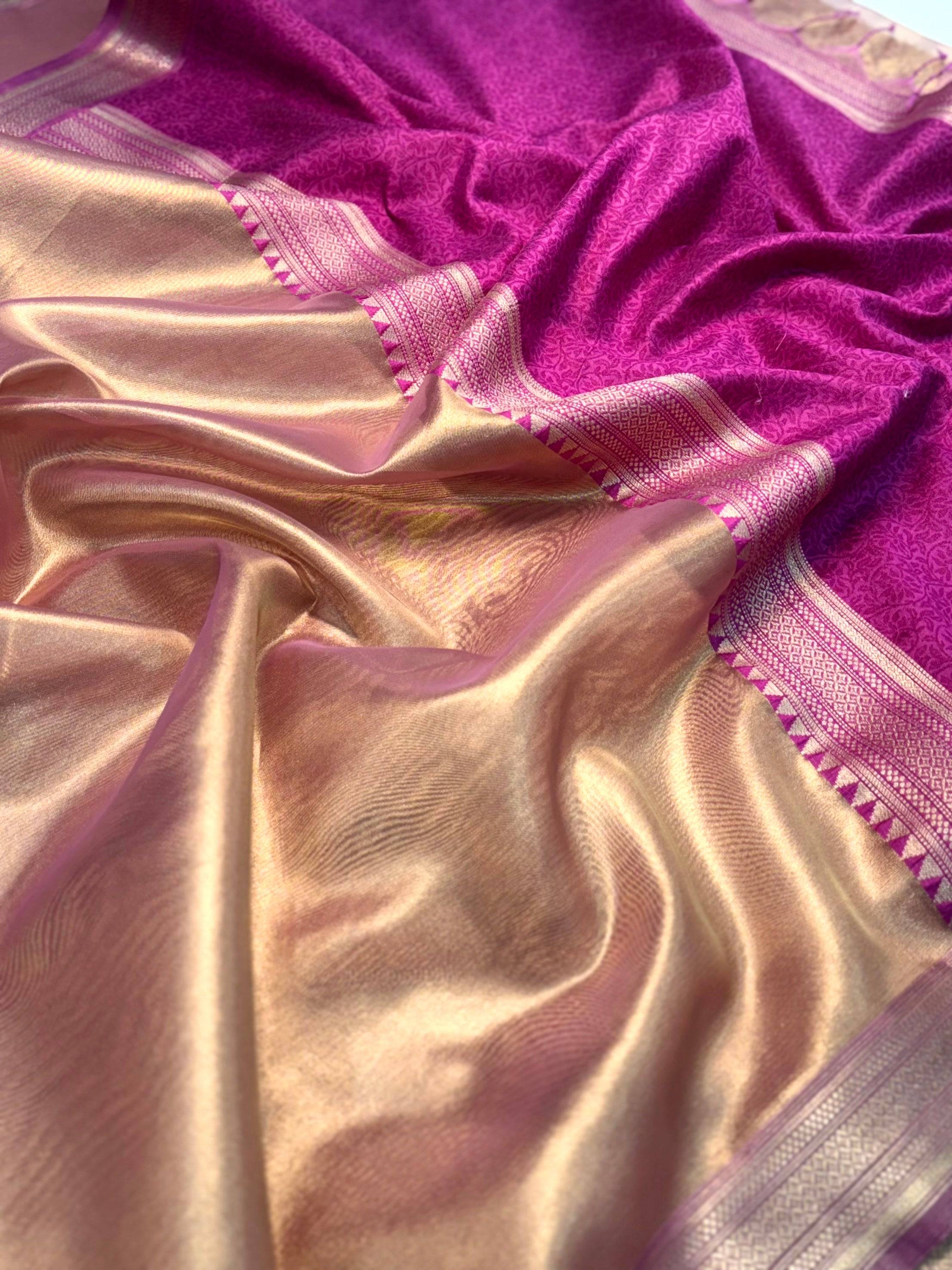 Radiant Wine Gold Zari Tissue Saree