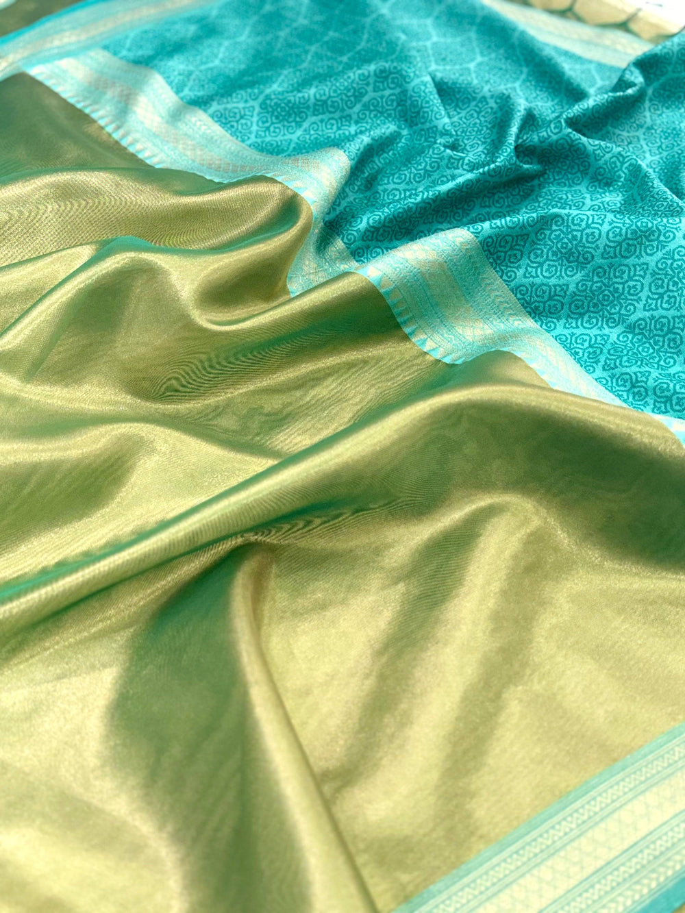Elegant Sky Blue Gold Zari Tissue Saree