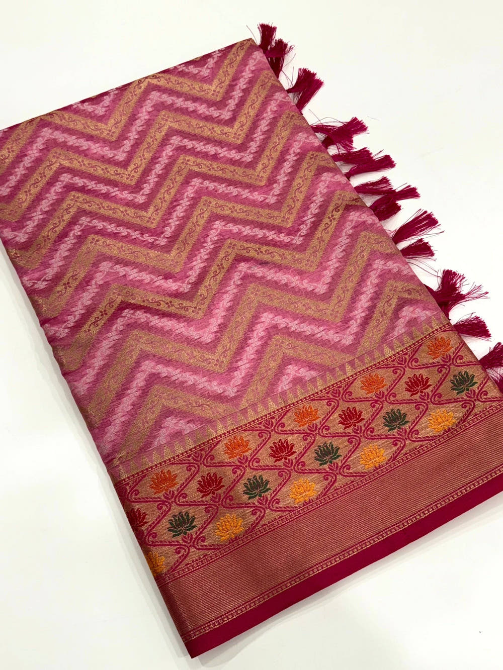 Baby Pink Banarasi Zic Zac Katan Silk Saree
