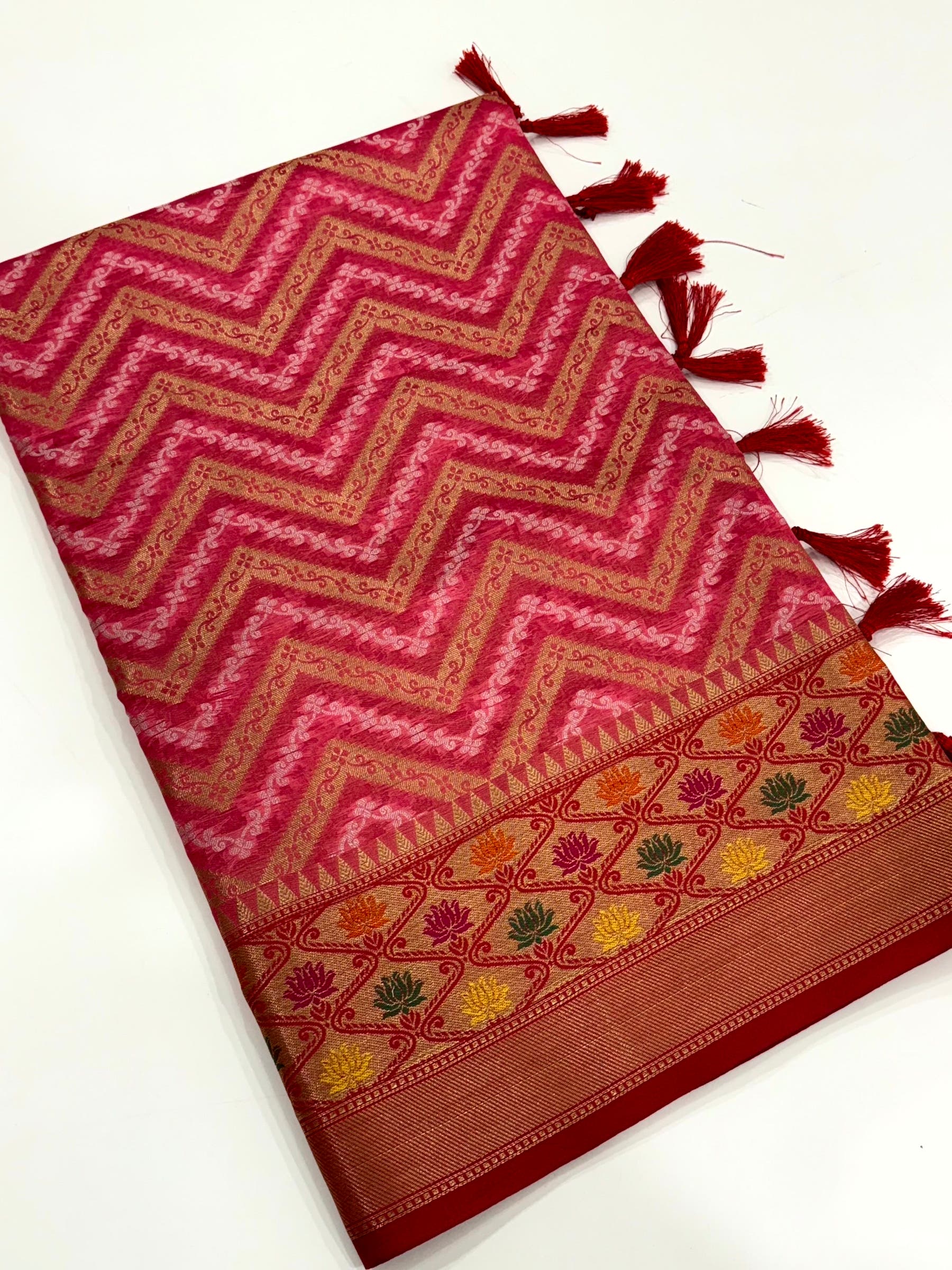 Pink Banarasi Zic Zac Katan Silk Saree