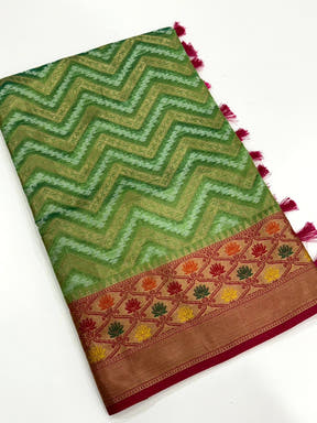 Green Banarasi Zic Zac Katan Silk Saree