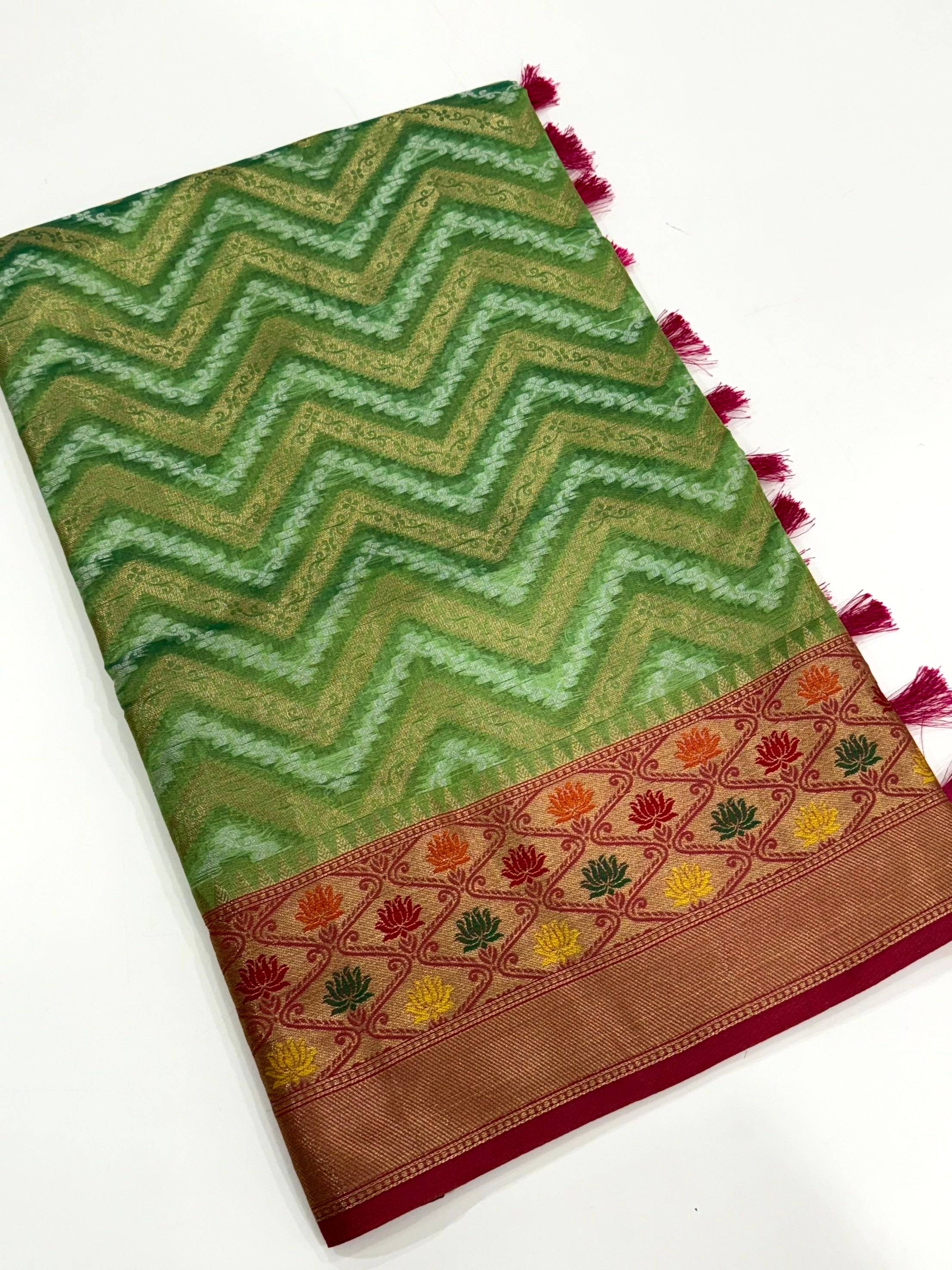 Green Banarasi Zic Zac Katan Silk Saree