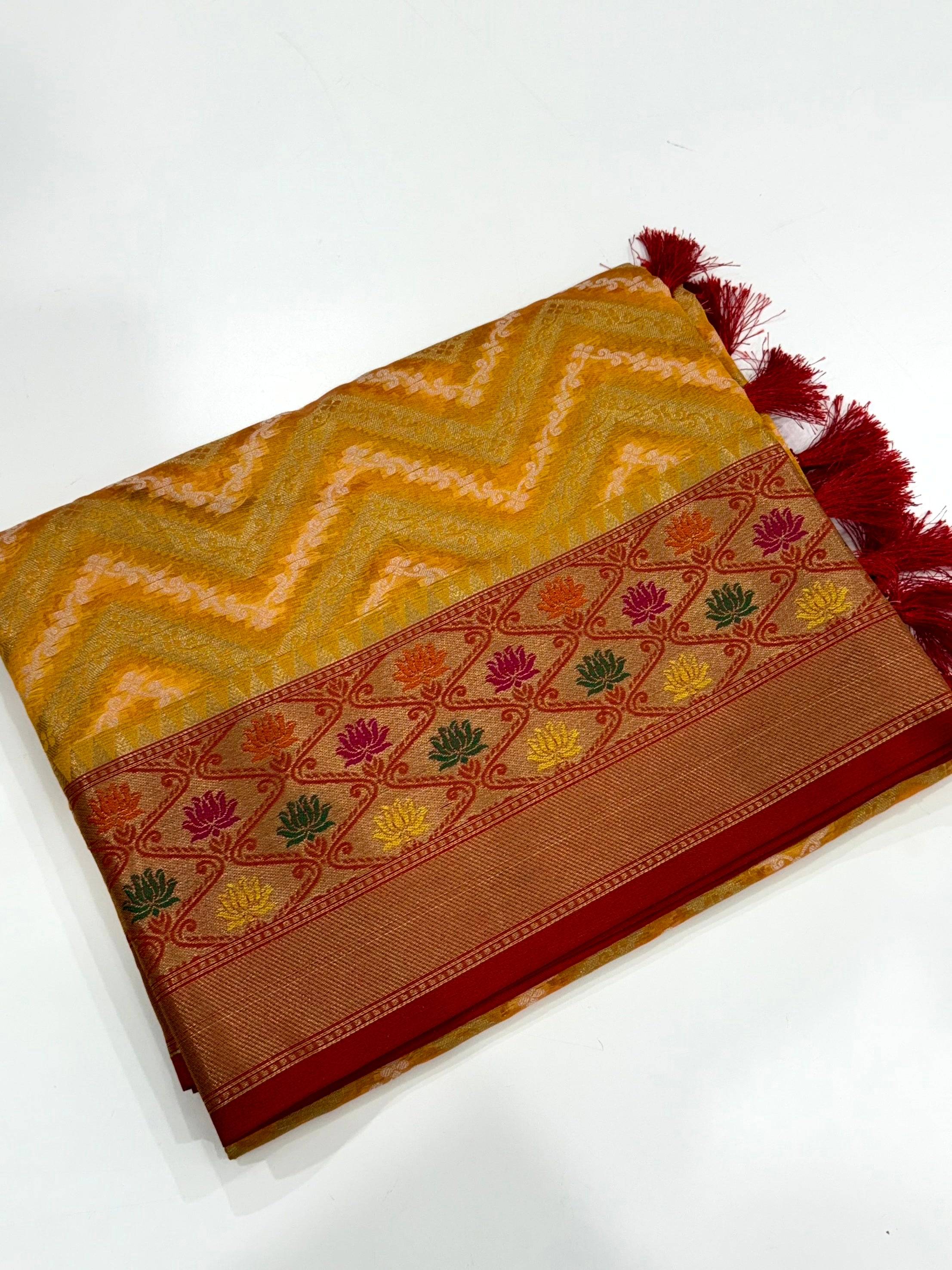 Yellow Banarasi Zic Zac Katan Silk Saree