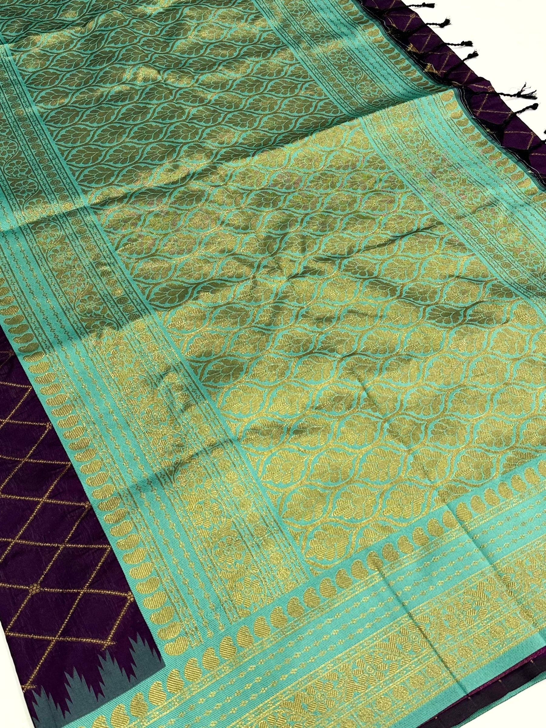 Wine Gold Zari Chex Soft Silk Saree

