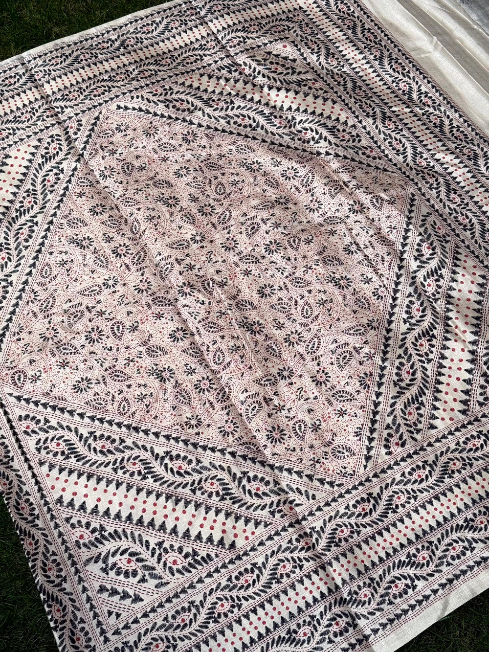 Cream Tussar Silk Madhubani Print Saree