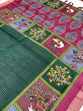 Bottle Green Tussar Kalalmkari Print Saree

