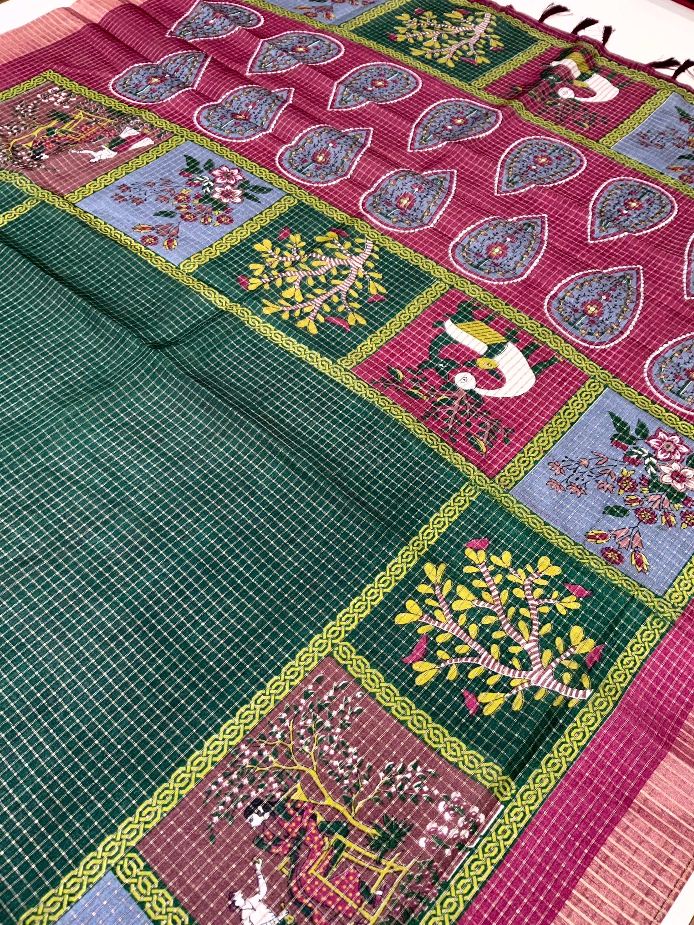 Bottle Green Tussar Kalalmkari Print Saree