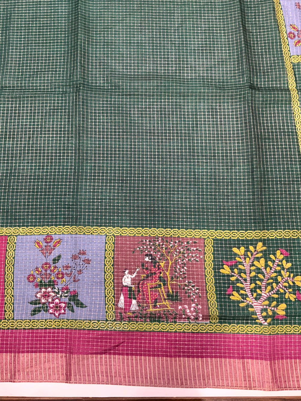 Bottle Green Tussar Kalalmkari Print Saree