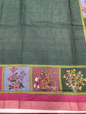 Bottle Green Tussar Kalalmkari Print Saree

