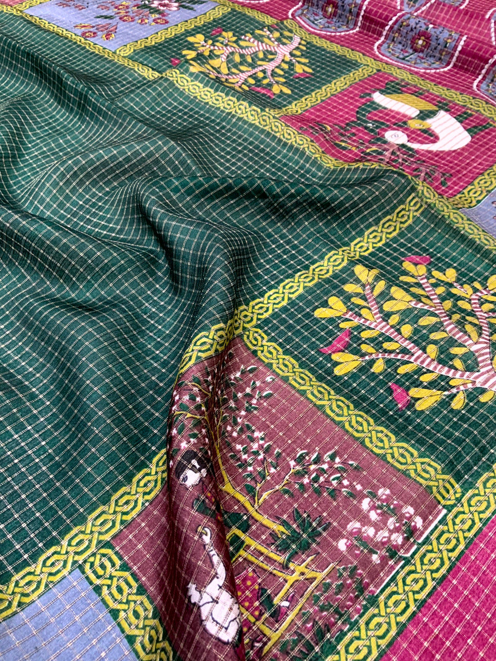 Bottle Green Tussar Kalalmkari Print Saree