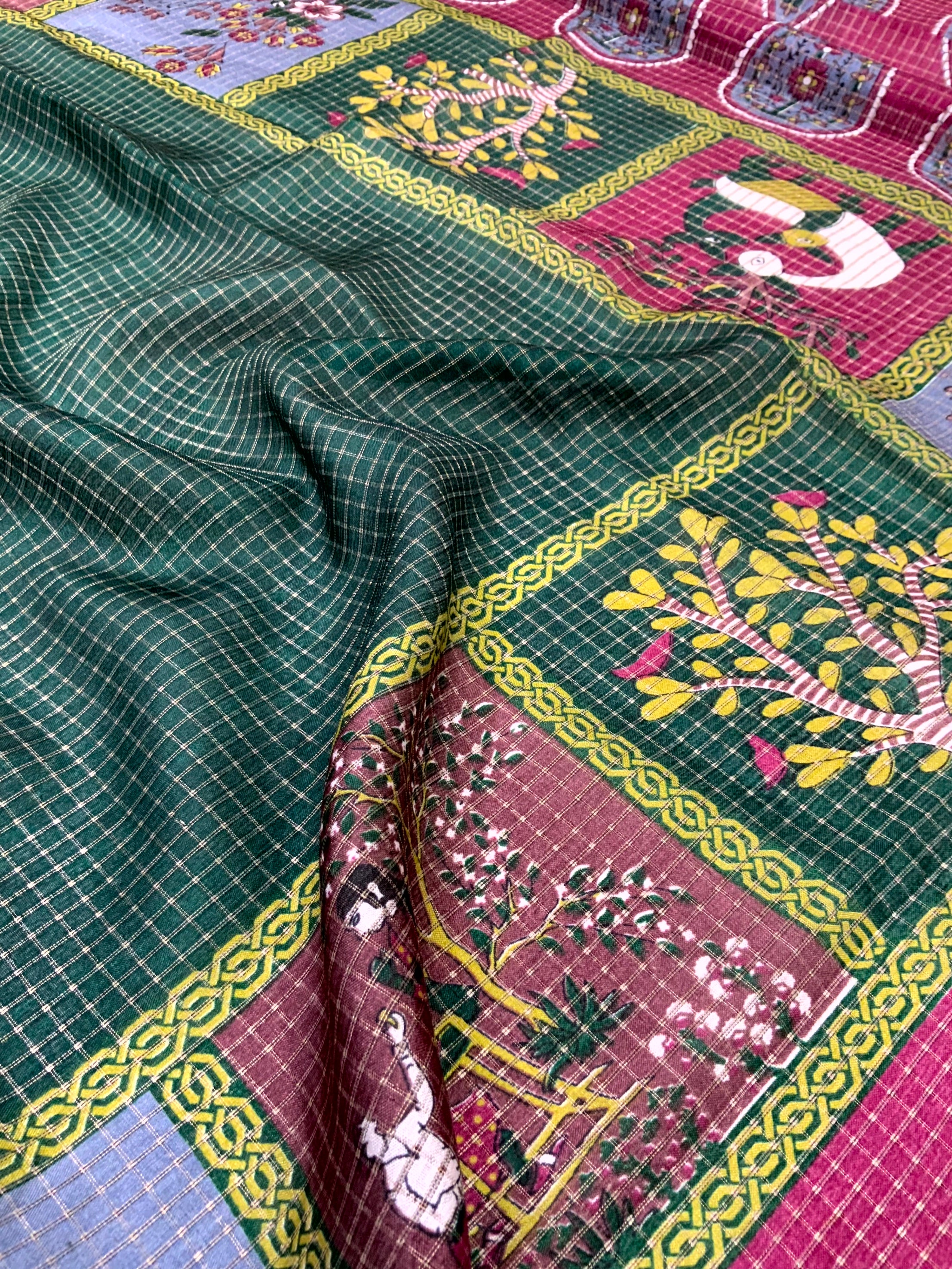 Bottle Green Tussar Kalalmkari Print Saree
