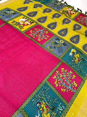 Magenta Tussar Kalalmkari Print Saree

