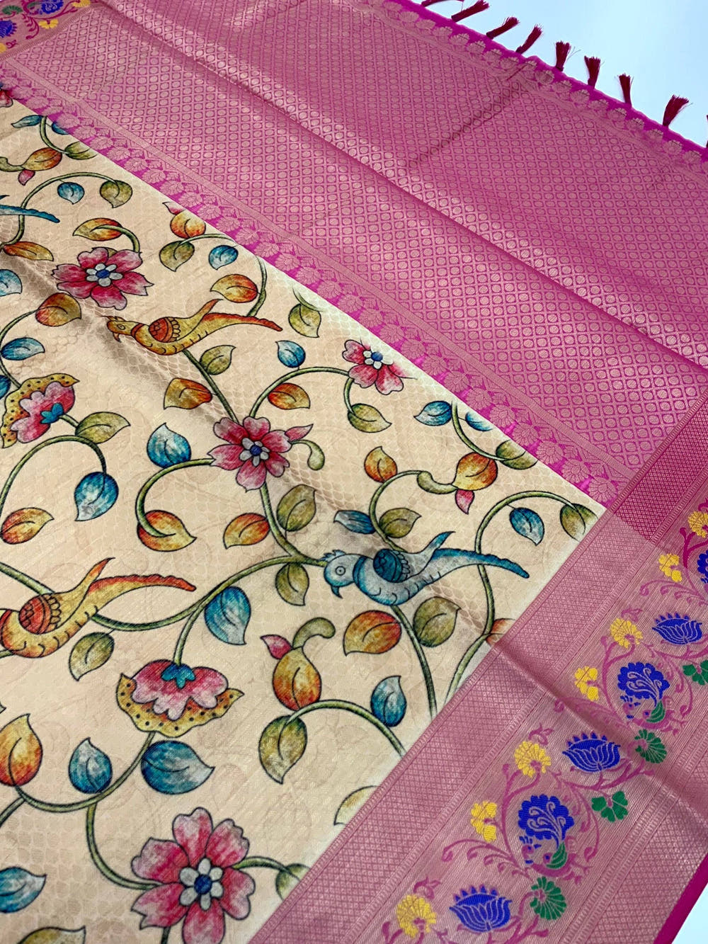 Beige Kalamkari Printed Kora Muslin Saree

