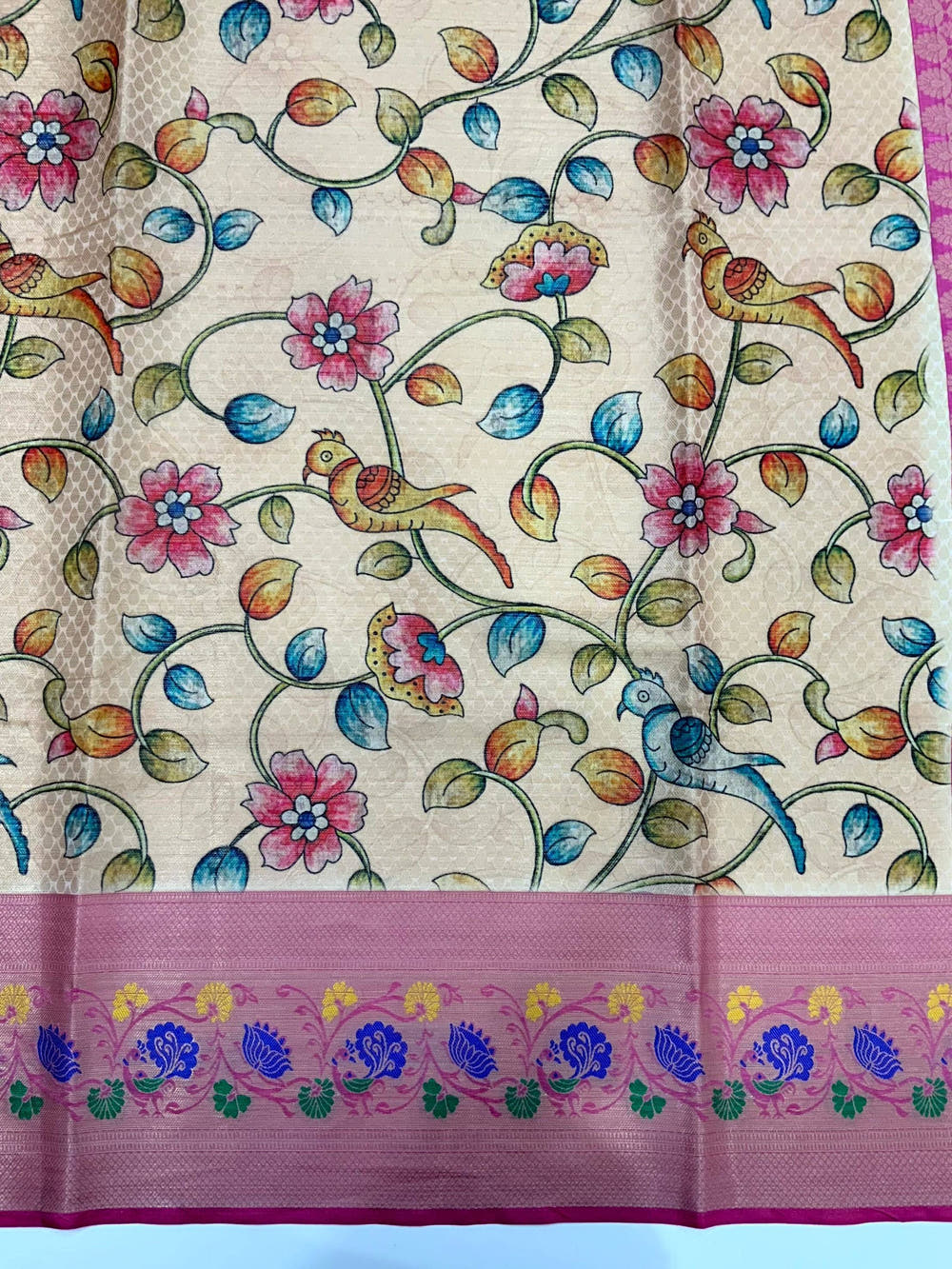 Beige Kalamkari Printed Kora Muslin Saree

