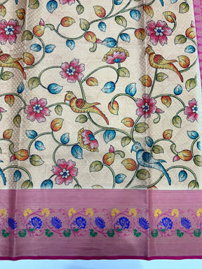Beige Kalamkari Printed Kora Muslin Saree

