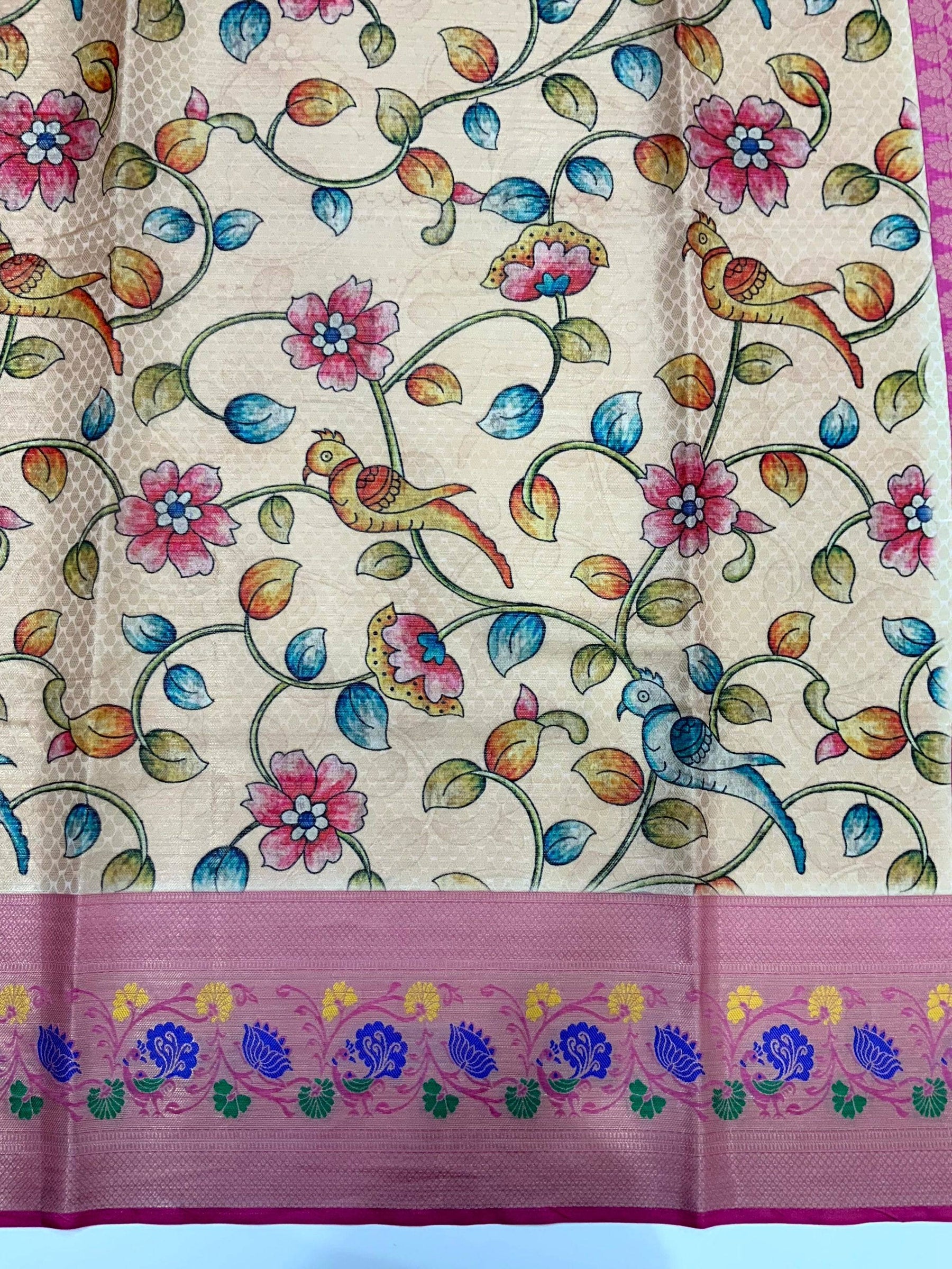 Beige Kalamkari Printed Kora Muslin Saree

