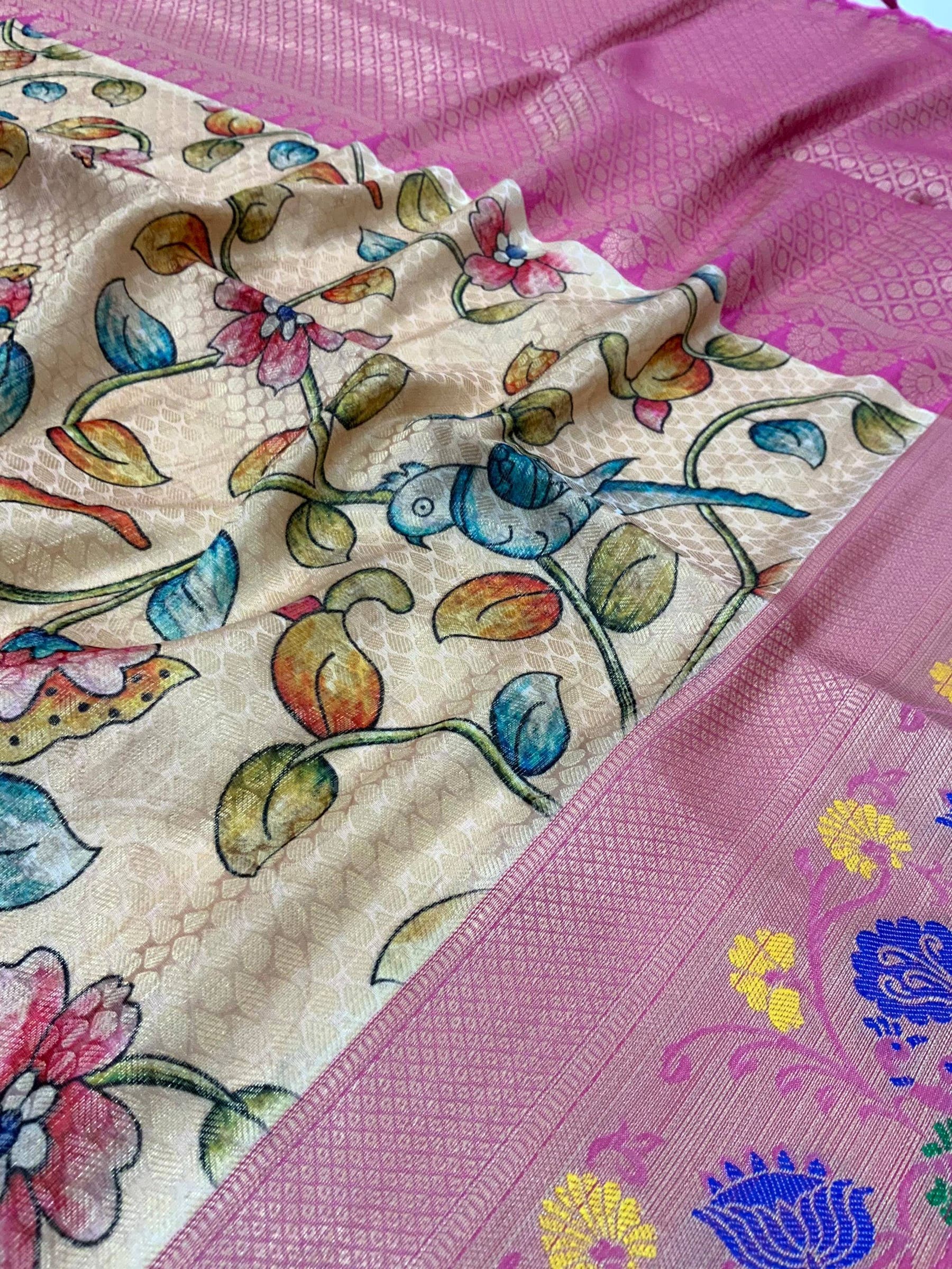 Beige Kalamkari Printed Kora Muslin Saree

