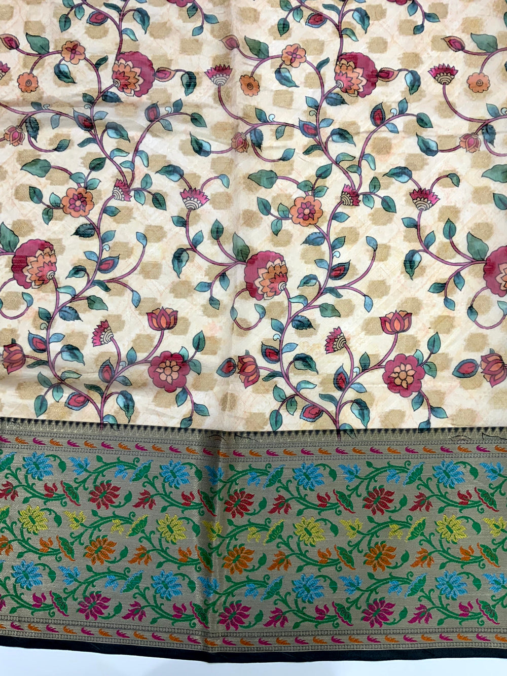 Beige Kalamkari Printed Kora Tissue Saree